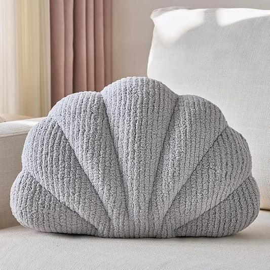 Shell Pillow, Soft Decorative Pillows for Bed Couch, Seashell Plush Throw Pillow Aesthetic Home Decor Cushion for Bedroom Living Room (Grey, 14 X 11 Inches)