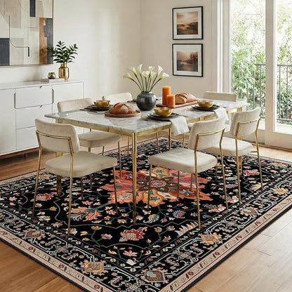 RELEANY Area Rugs 8'x10' Washable Non-Slip, Floral Vintage Distress Print Pattern Medallion Carpet for Living Room Bedroom Dining Room, Black Colorful Floral Dark Tan