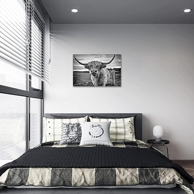 Highland Cow Canvas Wall Art Black and White Cow Photos for Wall Nature Cow Picture Framed Animal Poster Artwork for Bathroom Decor (16x24inches)