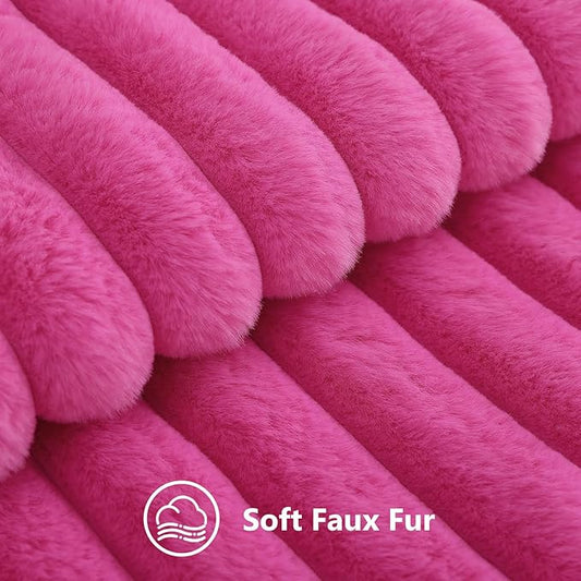 decorUhome Summer Cozy Faux Fur Throw Pillow Covers 20x20 Set of 2 Decorative Soft Plush Striped Modern Farmhouse Boho Couch Pillow Cases with Velvet Back for Sofa Bed Living Room, Hot Pink