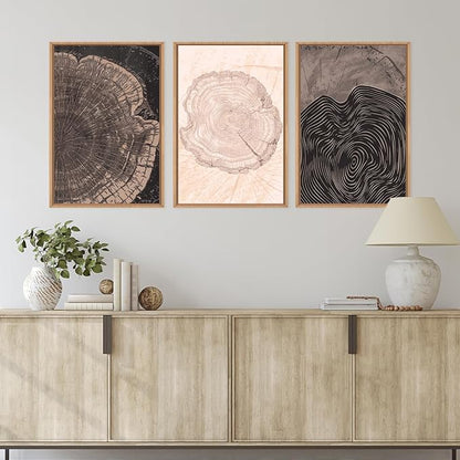 Beige Pastel Wood Tree Rings Framed Canvas Wall Art Set,Modern Nature Grey Wood Stump Wall Decor,Vintage Minimalist Tree Spiral Art Print for Living Room,Bedroom,Dining Room,Office-16 x24 x3