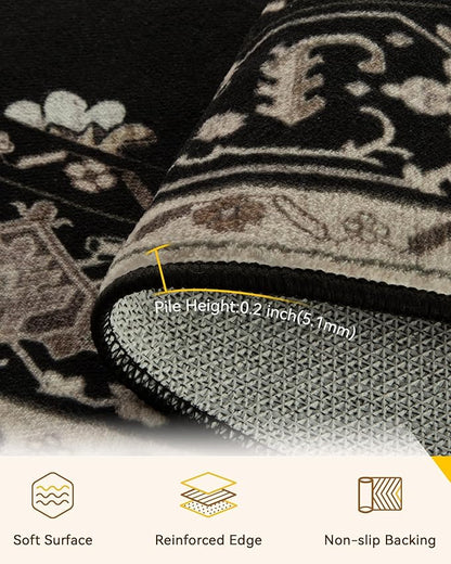 RELEANY Area Rugs Round 5ft Washable Non-Slip, Floral Vintage Distress Print Pattern Medallion Carpet for Living Room Bedroom Dining Room, Black Brown Neutral Dark Tan