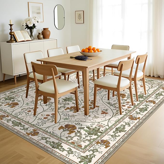 5x7 Floral Area Rug Washable Vintage Non Slip Girls Bedroom Rug, Soft Low Pile Stain Resistant Rugs for Dining Living Room,Beige White