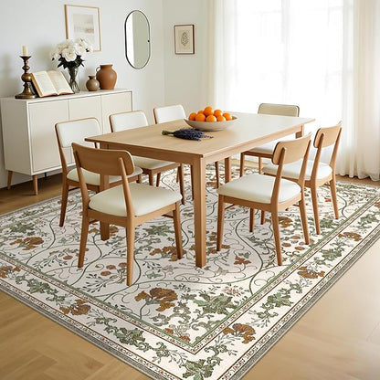 5x7 Floral Area Rug Washable Vintage Non Slip Girls Bedroom Rug, Soft Low Pile Stain Resistant Rugs for Dining Living Room,Beige White
