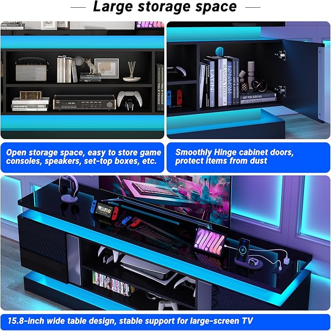 chartustriable 71IN LED TV Stands w/Power Outlet for 85/80/75 Inch TVs,High Glossy Modern Tall Entertainment Center TV Media Console Gaming with 2 Storage Cabinets,Dual LED Lights,Black