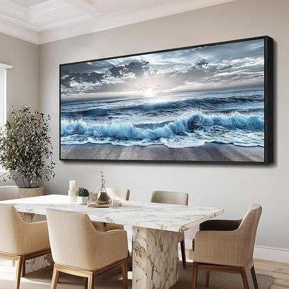 ERQINHUA Sunrise Ocean Seascape Wall Pictures Large Canvas Wall Decor For Bedroom Wall Art For Living Room Office Decor Blue Beach Sea Wave Paintings Artwork Modern Home Decor Black Framed 32x72 In
