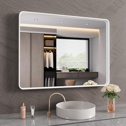 JISOSO White Bathroom Mirror 40x30 Inch, White Metal Framed Bathroom Mirror for Wall, Rounded Rectangle Matte Bathroom Vanity Mirror, Tempered Glass, Anti-Rust, Horizontal/Vertical