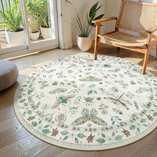 Lahome Insect Washable Round Rugs, Non-Slip Soft Round Rug 4ft Ultra-Thin, Small Boho Circle Carpet for Entryway Kitchen Bedroom Nursery Bathroom Vionnet, Beige