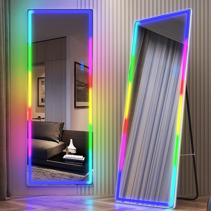 LVSOMT 63 X 22 Full Length Mirror with Lights, Large Wall Mirror Full Length, RGB Led Mirror Full Length with Remote Control, Full Body Mirror for Bedroom Living Room Cloakroom, White