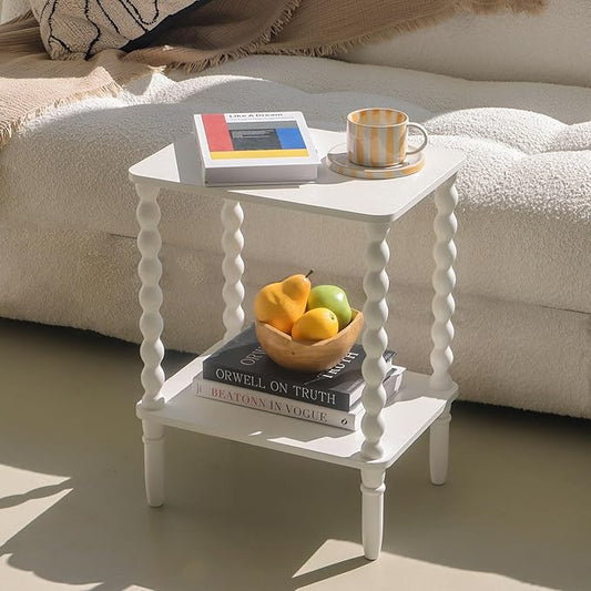 Fultyle White End Table, Small Side Table with Storage Shelf, 2-Tier Modern Night Stand for Bedroom, Living Room, Small Spaces (White)
