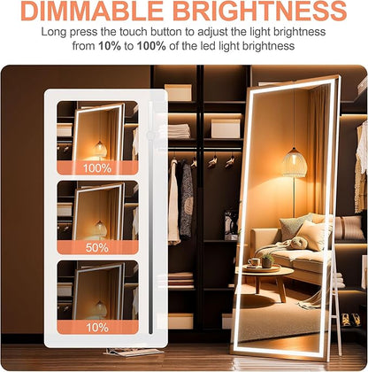 83" x 36" Full Length Mirror with Lights, Large LED Lighted Floor Standing Body Mirror, Dimmable & 3 Color Lighting for Bedroom, Cloakroom, Dressing Room, Tempered Glass, White Frame