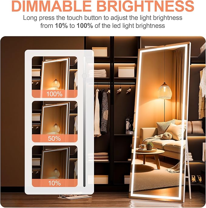 71" x 24" Full Length Mirror with Lights, LED Lighted Floor Standing Body Mirror, Dimmable & 3 Color Lighting for Bedroom, Cloakroom, Dressing Room, Tempered Glass, White Frame