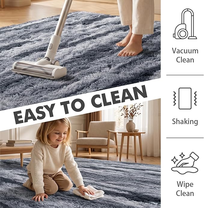 5x7 Ft Large Shag Rugs for Bedroom Living Room for Men Boys, Tie Dyed Ultra Soft Fluffy Furry Area Rug for Indoor Floor, Aesthetic Carpet for Home Decor (Grey)