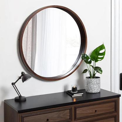 Kate and Laurel Hutton Round Decorative Wood Frame Wall Mirror, 30 Inch Diameter, Walnut