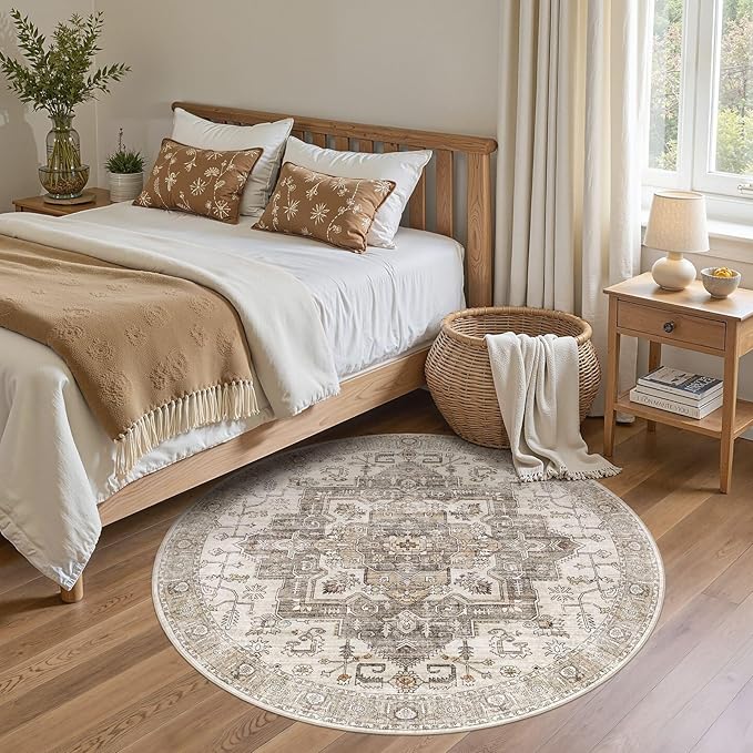 6x6 Round Area Rugs Washable Vintage - Soft Traditional Rugs for Living Room Large Non Slip Backing with Low Pile Farmhouse Oriental Retro Carpet for Bedroom Dining Room or Home Office - Light Brown