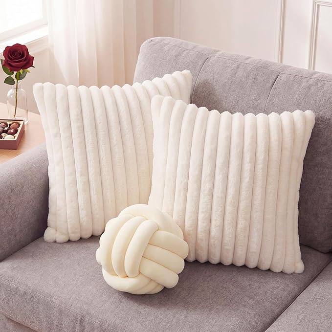 Tegeme Set of 3 Knot Pillow Ball and 18" Throw Pillowcases Fuzzy Striped, Soft Knotted Home Decor Pillow, 2 Faux Fur Cushion Covers Aesthetic Cushion and Cases for Sofa Bed Bedroom Living Room(Cream)