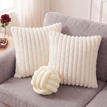 Tegeme Set of 3 Knot Pillow Ball and 18" Throw Pillowcases Fuzzy Striped, Soft Knotted Home Decor Pillow, 2 Faux Fur Cushion Covers Aesthetic Cushion and Cases for Sofa Bed Bedroom Living Room(Cream)