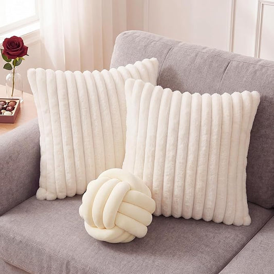 Tegeme Set of 3 Knot Pillow Ball and 18" Throw Pillowcases Fuzzy Striped, Soft Knotted Home Decor Pillow, 2 Faux Fur Cushion Covers Aesthetic Cushion and Cases for Sofa Bed Bedroom Living Room(Cream)