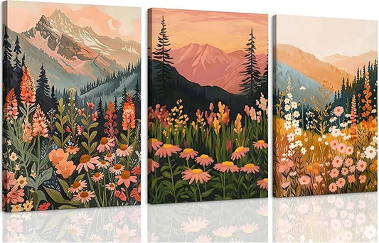 ICHZUMW Boho Mountain Wall Decor, Colorful Nature Abstract Landscapes Wildflower Canvas Wall Art, Daisy Painting Artwork for Living Room Bedroom Office, Wrapped Canvas, Ready to Hang, 16x24in 3Pcs
