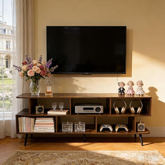 Lightdot 65 Inch TV Stand, up to 75 Inch TVs, Large Storage for Collection with 8 Open Shelves, Sturdy Media Console Table for Living Room/Entrance/Kitchen/Sofa Cabinet, Easy Assembly, Amber