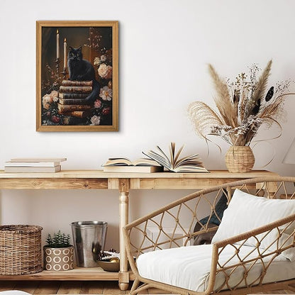 Framed 3D Textured Cat Wall Art – Vintage Books Floral Dark Academia Decor, Victorian Gothic Botanical Flowers Pictures for Living Room Bedroom Gallery Library Wall Decor – 12x16in