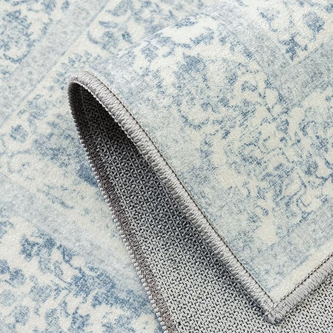 PureCozy Blue Runner Rug 2x5 Hallway Machine Washable Kitchen Vintage Distressed Non Slip Long Carpet Indoor Retro Floral Bedroom Accent Throw Rug for Bathroom Office Laundry Dining Room