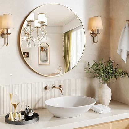 30" Gold Round Mirror for Wall, Large Circle Bathroom Mirror for Over Sink, Matte Gold Metal Frame, HD Eco-Friendly Glass, Contemporary Vanity Mirror for Entryway Hallway Living Room Home Decor, Easy
