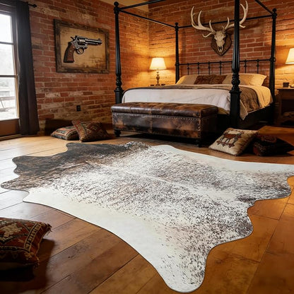 8x10 Large Cowhide Rug, Washable Faux Brown and White Hide Area Rugs for Living Room, Classic Western Brindle Animal Print Carpet for Under Dining Table, Synthetic Vegan Leather Decor