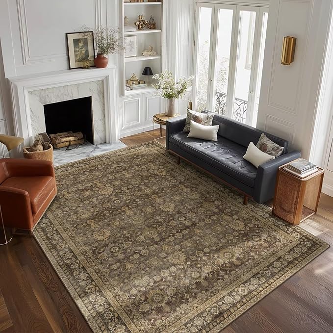 Washable 6x9 Area Rugs for Living Room, Boho Non-Slip Vintage Distress Large Rugs for Bedroom Dining Room Nursery Office, 0.3" Neutral Oriental Throw Thin Carpet, Red/Brown/Multi, C4