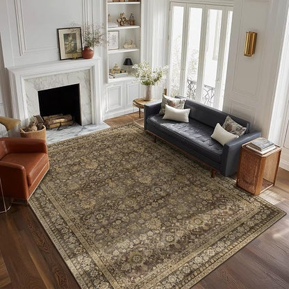 Washable 6x9 Area Rugs for Living Room, Boho Non-Slip Vintage Distress Large Rugs for Bedroom Dining Room Nursery Office, 0.3" Neutral Oriental Throw Thin Carpet, Red/Brown/Multi, C4