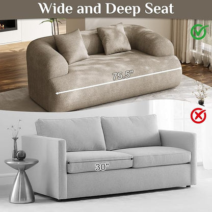 75" Boneless Cloud Loveseat, Modern Cute Curved Chenille Sofa, 2 Seater Compression Couch with 2 Pillows, No Assembly Required for Apartment Living Room, Light Brown