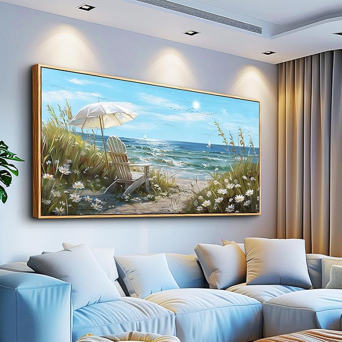 ERQINHUA Large Wall Art For Living Room Canvas Wall Decor For Bedroom Office Decoration Blue Sea Ocean Paintings Beach Chair Wall Pictures Artworks Modern Home Decor Aesthetics 24x48 In Wood Framed