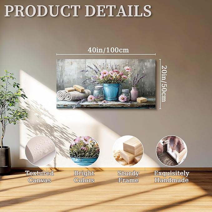 SERIMINO Still Life Flower Wall Art, Vintage Bathroom Large Wall Decor, Rustic Aesthetic Kitchen Pictures, Cottagecore Decorations for Bedroom Dining Room Laundry Room Canvas Art Prints 20"X40"