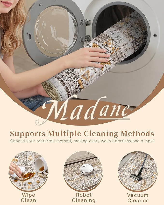 Madane Hallway Rug 3x10, Kitchen Rugs Washable Entryway Rug Vintage Kitchen Runners Non Slip Indoor Area Rug Farmhouse Carpet Runner for Bathroom Living Room Bedroom, Brown/Gold