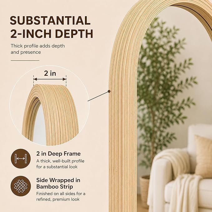 20" x 52" Oval Full Length Wall Mounted Mirror, Handwoven Natural Bamboo Frame (Warm Tone), Boho Coastal Mirror for Entryway, Bedroom, Dressing Room, Vertical & Horizontal Hanging