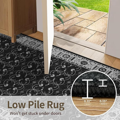 Rugxara Black Rug Area Rugs 5x7, Washable Rugs for Living Room, Vintage Boho Rug for Office, Dining Room, Kids Room and Farmhouse, Durable Low Pile Non-Slip Area Rug for High Traffic Areas(Black 5x7