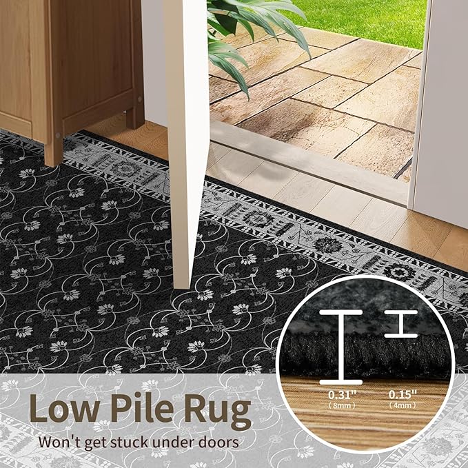 Rugxara 6x9 Washable Area Rug for Living Room, Neutral Vintage Large Boho Rugs for Office, Dining Room, Kids Room, Farmhouse, Durable Low Pile Non Slip Carpet for High Traffic Areas, Black