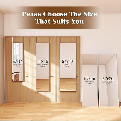 NARCISSUS 57x16 Mirror Door Hanging Full Length Body with Floor Stand or Wall Mounted Metal Aluminum Frame Tempered Glass Rectangle Mirrors for Bedroom Dressing Living Room Bathroom 57 inch Silver