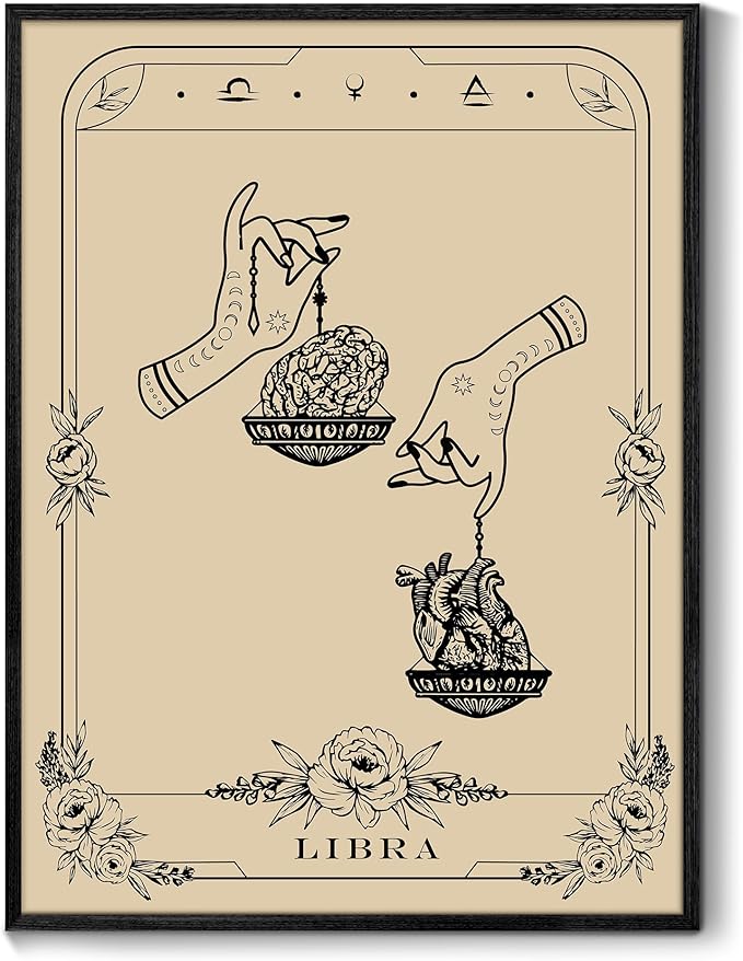 SERIMINO Witchy Framed Wall Art, Libra Tarot Canvas Prints Paintings, Horoscope Dark Academia Home Decor Aesthetic, 12X16inch Gothic Wall Decor for Room