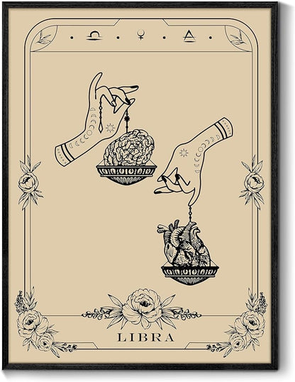 SERIMINO Witchy Framed Wall Art, Libra Tarot Canvas Prints Paintings, Horoscope Dark Academia Home Decor Aesthetic, 16x24inch Gothic Wall Decor for Room