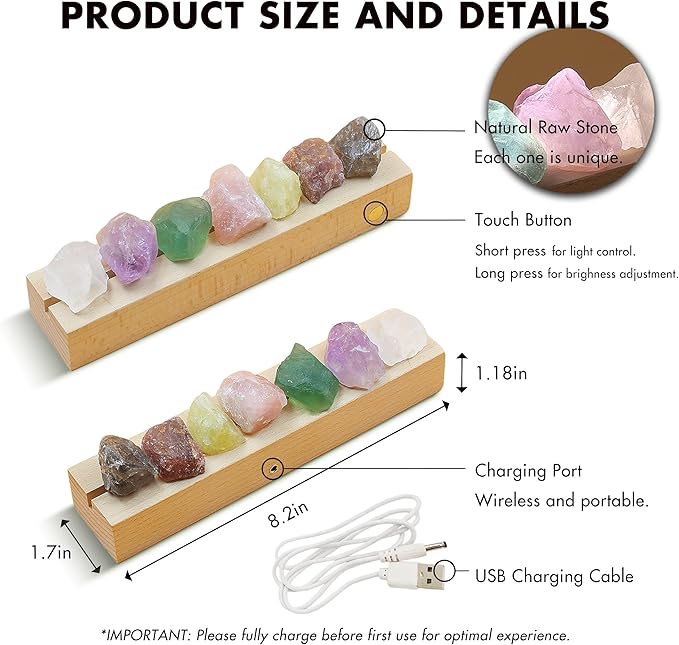 Healing Crystal Night Light, 7 Chakra Natural Bedside Lamp with Wooden LED Light Base, Healing Stones Positive Energy Night Lights for Home Decor Gifts (Rechargeable)