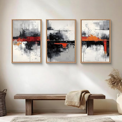 HOURIA Modern Abstract Framed Canvas Wall Art Set,Neutral Black and Orange Wall Decor,Textured Gray White Wall Painting,Pastel Strokes Art Prints for Living Room, Bedroom, Farmhouse-16 x24 x3