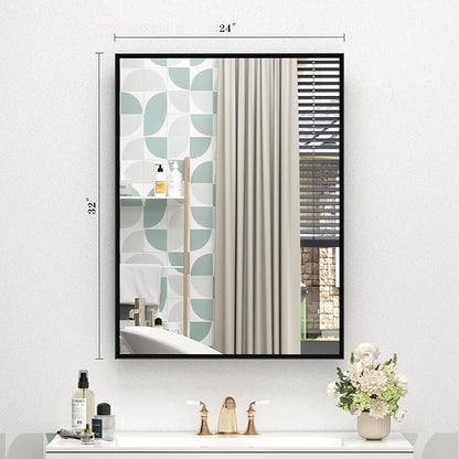 Matte Black Framed Bathroom Mirror 24"x 32", Rectangular Beveled Vanity Mirror with Aluminum Alloy Frame, Right Angle Corner, HD Reflection, Horizontal or Vertical Wall-Mounted