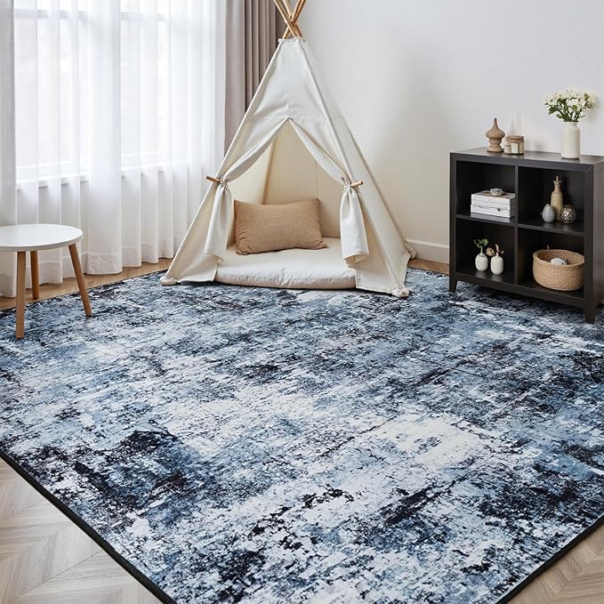 Rugflix 7x9 Area Rugs for Living Room, Washable Large Rug Stain-Resistant Low Pile, Modern Dark Carpet for Dining Room Home Office Kid Room Nursery Bedroom, Navy Blue/Black