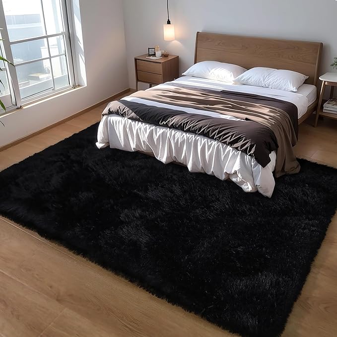 KICHOWUA Area Rug Black Fluffy Shag 5x7 for Bedroom, Ultra Soft Plush Fuzzy Washable Thickened Non-Slip Floor Carpet, Modern Cozy Furry Rug for Living Room Kids Baby Boys Girls Nursery Dorm