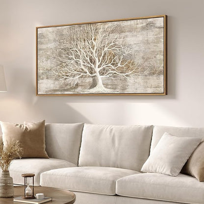Framed Vintage Tree of Life Wall Art, Neutral Rustic Farmhouse Tree Canvas Painting Print Artwork for Walls, Gray White Beige Modern Abstract Forest Picture for Living Room Bedroom Office Wall Decor