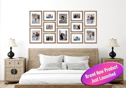 VELISTA 12 Piece Rectangle Gallery Wall Frame Set - Rustic Photo Frame Set with Mat 8x10/11x14" - Picture Frame Set for Wall Collage made of Engineered Wood – Farmhouse Assorted Picture Frames (Walnut)