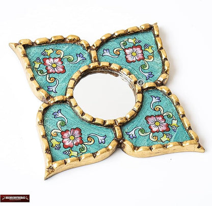 Peruvian Artisan Mirror for wall Decor– Small Diamond/Square wall Mirror with Bronze Leaf Frame (Turquoise)
