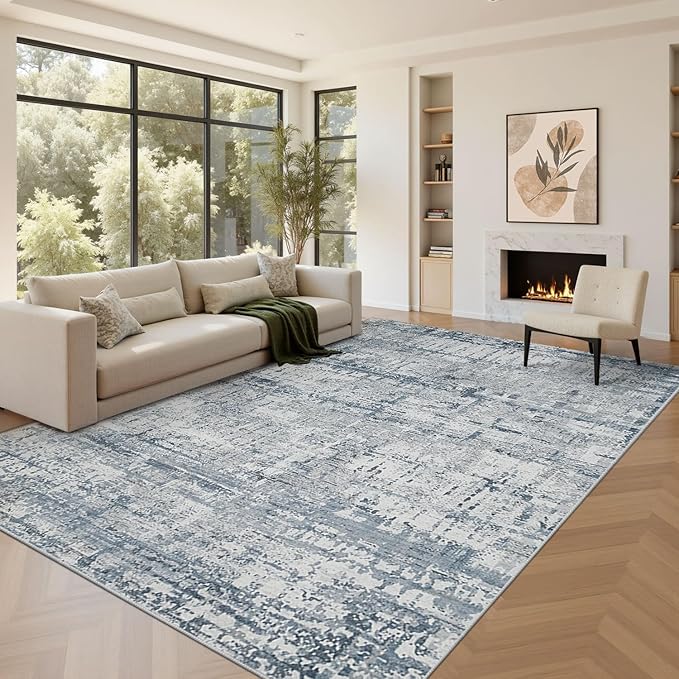 Rugxara Blue Grey 8x10 Area Rugs,Large Soft Rugs for Living Room, Blue Washable Rug, Modern Abstract Rugs for Bedroom Dining Room, Non-Slip Foldable Thin Indoor Carpet Stain Resistant(Blue Grey)