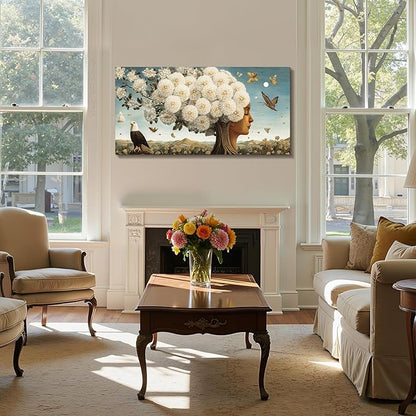 imjiayu Oversized Wall Art, Tree of Life Wall Art, Large Wall Decor, Surrealism White Flower Tree Prints, Art Nouveau Abstract Painting, Modern Pictures for Living Room Dining Room Office 29"x57"